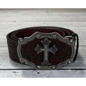 Brown Rhinestone Cross Belt 1848 Genuine Leather Women's Size M